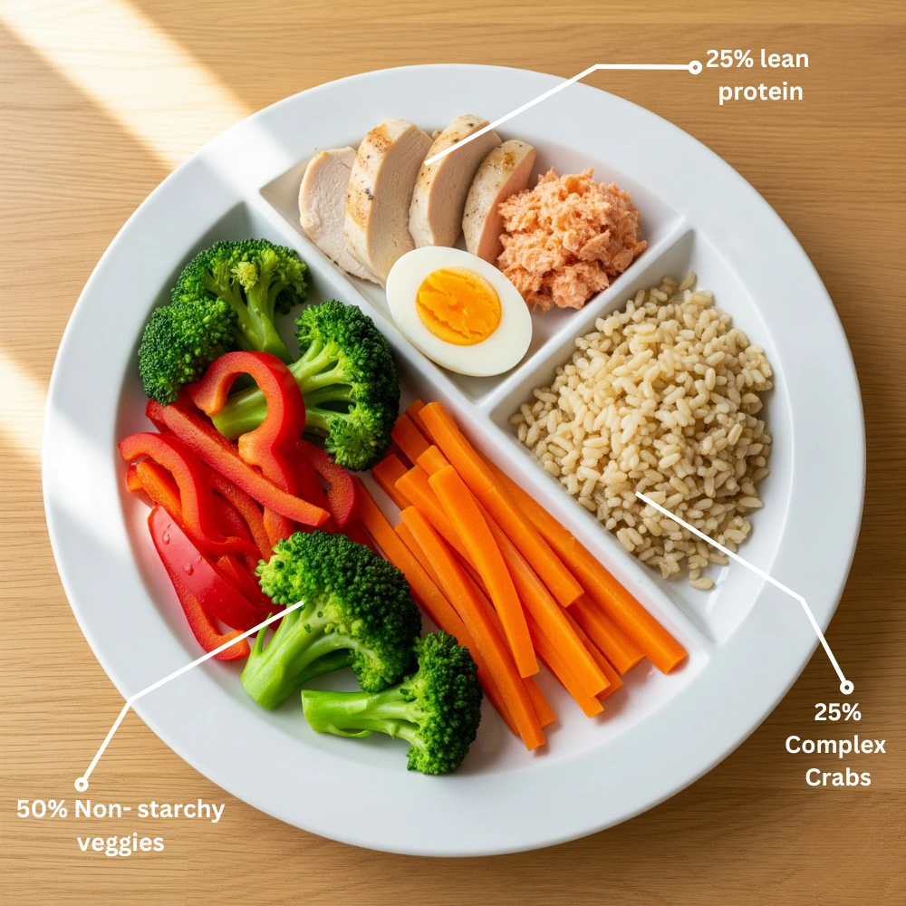 A balanced meal plate showing half vegetables, a quarter lean protein, and a quarter complex carbs.
